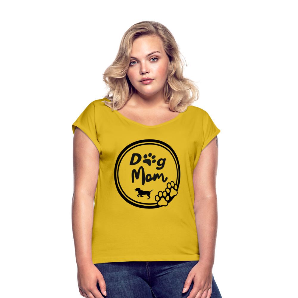 Frauen T-Shirt mit gerollten Ärmeln - Dog Mom - Senfgelb