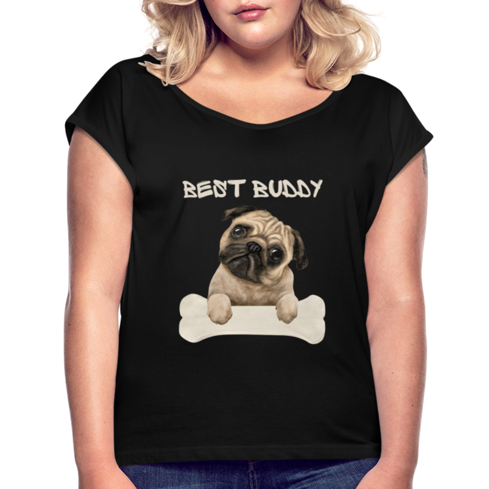 Frauen T-Shirt mit gerollten Ärmeln - Best Buddy - Schwarz