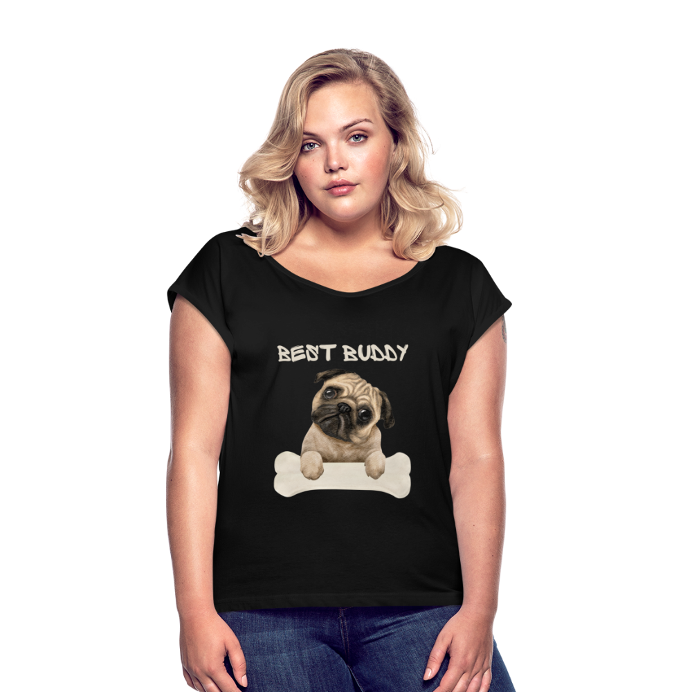 Frauen T-Shirt mit gerollten Ärmeln - Best Buddy - Schwarz