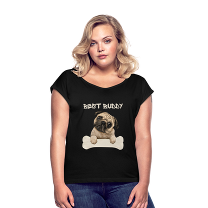 Frauen T-Shirt mit gerollten Ärmeln - Best Buddy - Schwarz