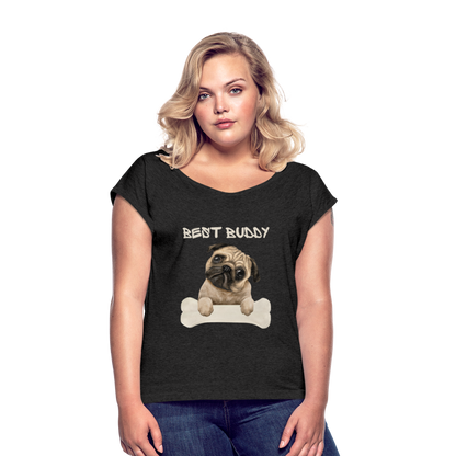 Frauen T-Shirt mit gerollten Ärmeln - Best Buddy - Schwarz meliert