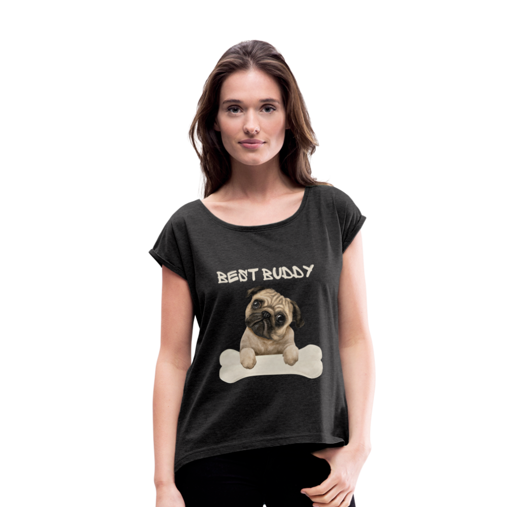 Frauen T-Shirt mit gerollten Ärmeln - Best Buddy - Schwarz meliert