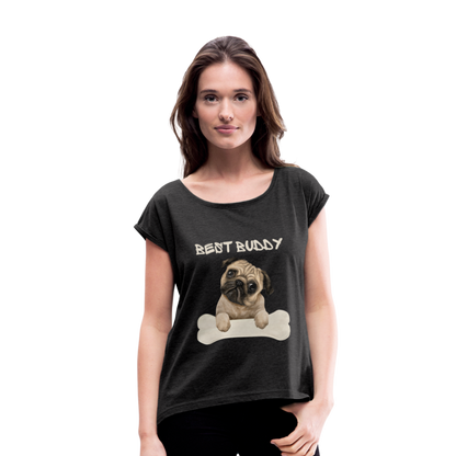 Frauen T-Shirt mit gerollten Ärmeln - Best Buddy - Schwarz meliert