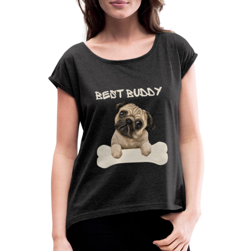 Frauen T-Shirt mit gerollten Ärmeln - Best Buddy - Schwarz meliert