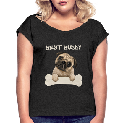 Frauen T-Shirt mit gerollten Ärmeln - Best Buddy - Schwarz meliert