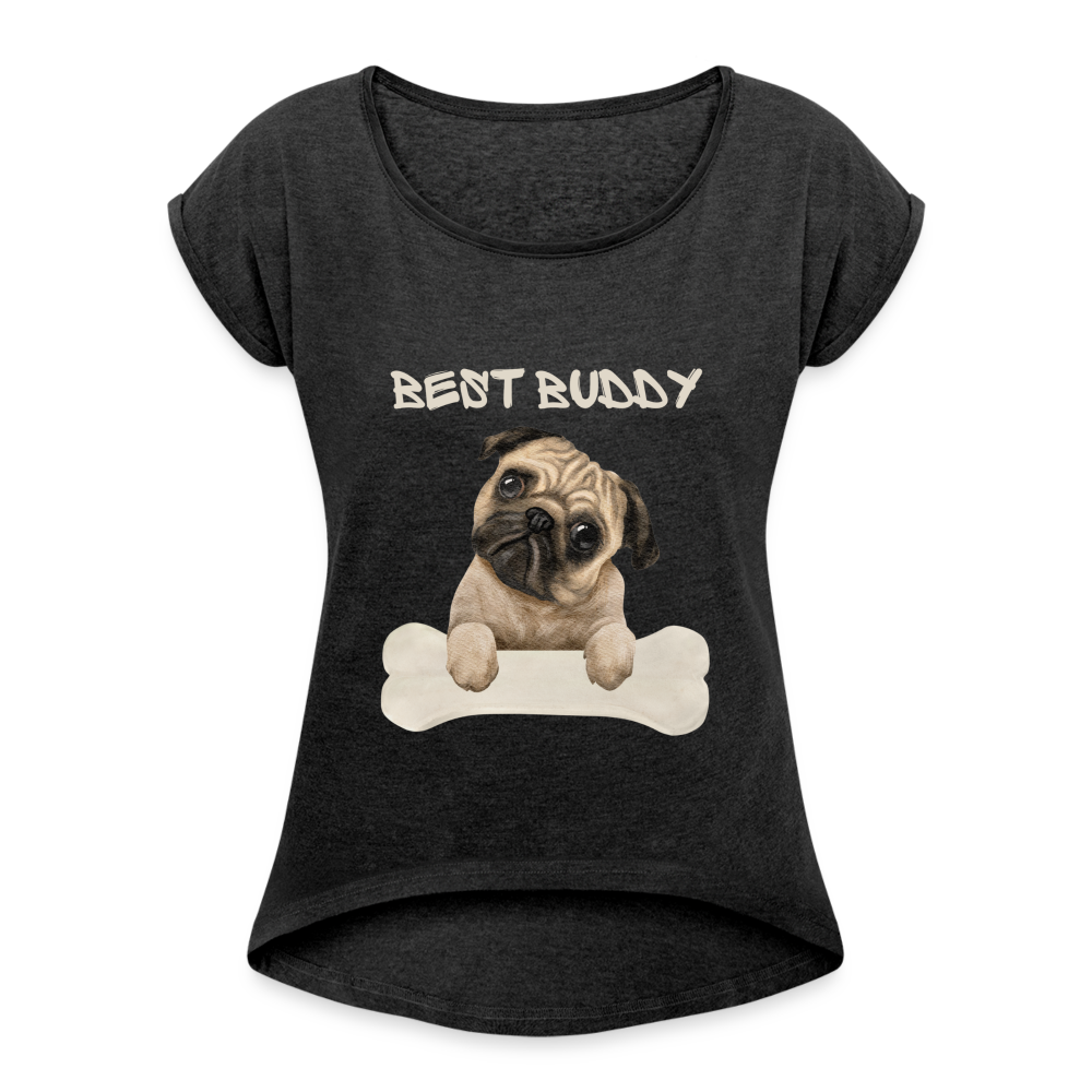 Frauen T-Shirt mit gerollten Ärmeln - Best Buddy - Schwarz meliert