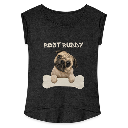 Frauen T-Shirt mit gerollten Ärmeln - Best Buddy - Schwarz meliert