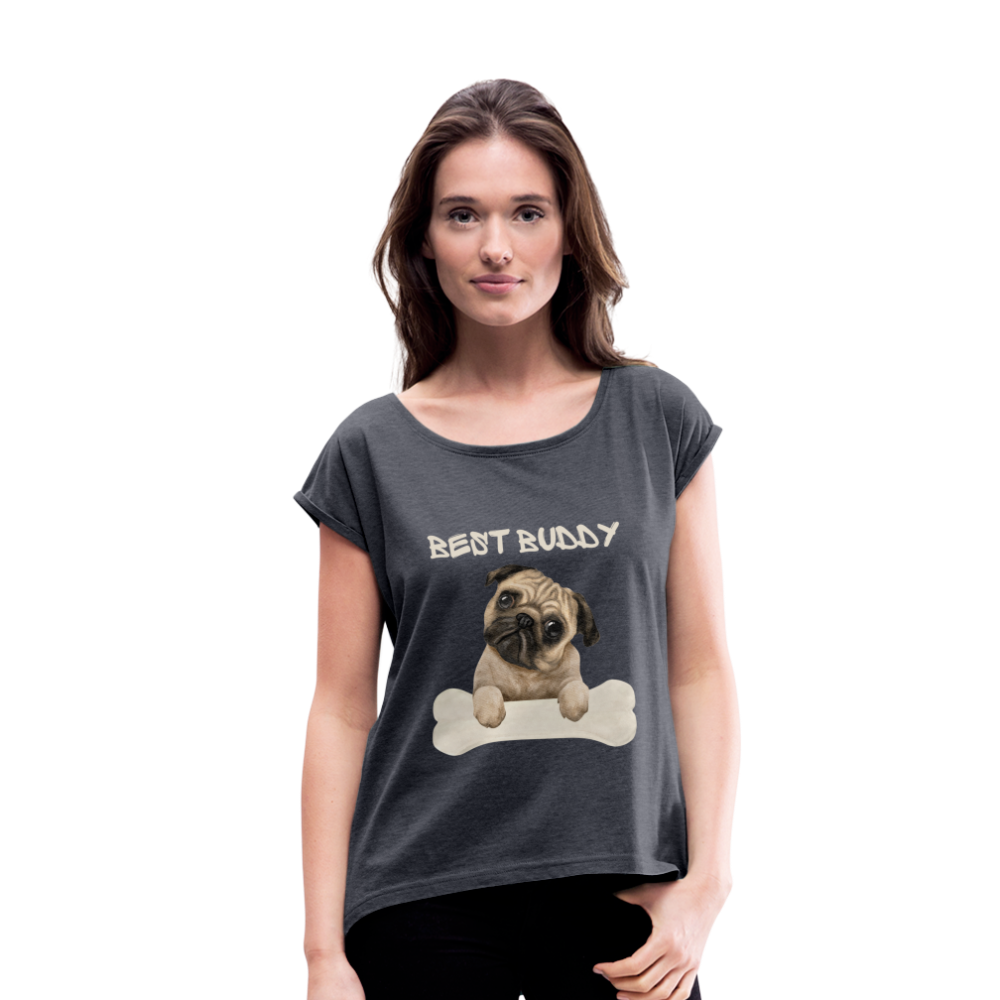 Frauen T-Shirt mit gerollten Ärmeln - Best Buddy - Navy meliert