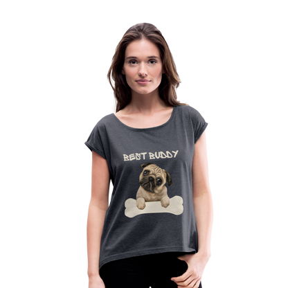 Frauen T-Shirt mit gerollten Ärmeln - Best Buddy - Navy meliert