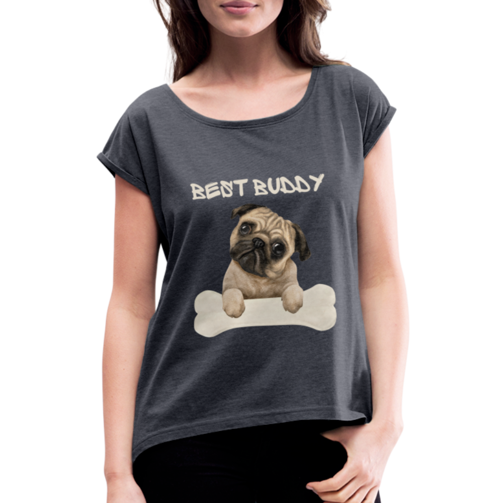 Frauen T-Shirt mit gerollten Ärmeln - Best Buddy - Navy meliert