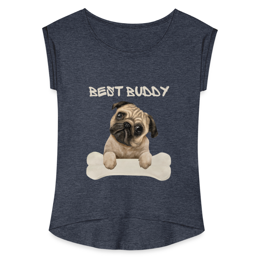 Frauen T-Shirt mit gerollten Ärmeln - Best Buddy - Navy meliert