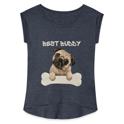 Frauen T-Shirt mit gerollten Ärmeln - Best Buddy - Navy meliert