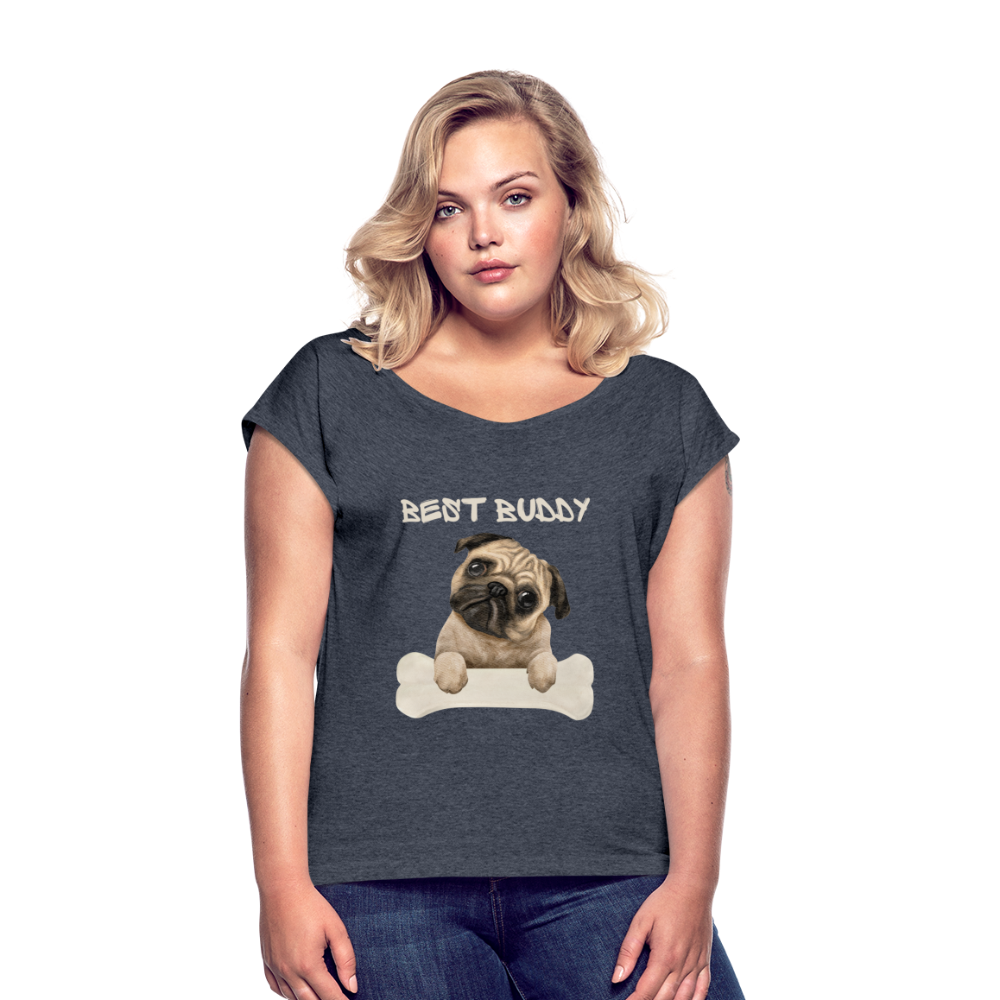 Frauen T-Shirt mit gerollten Ärmeln - Best Buddy - Navy meliert