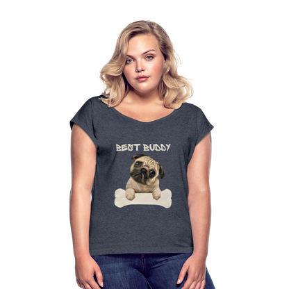 Frauen T-Shirt mit gerollten Ärmeln - Best Buddy - Navy meliert