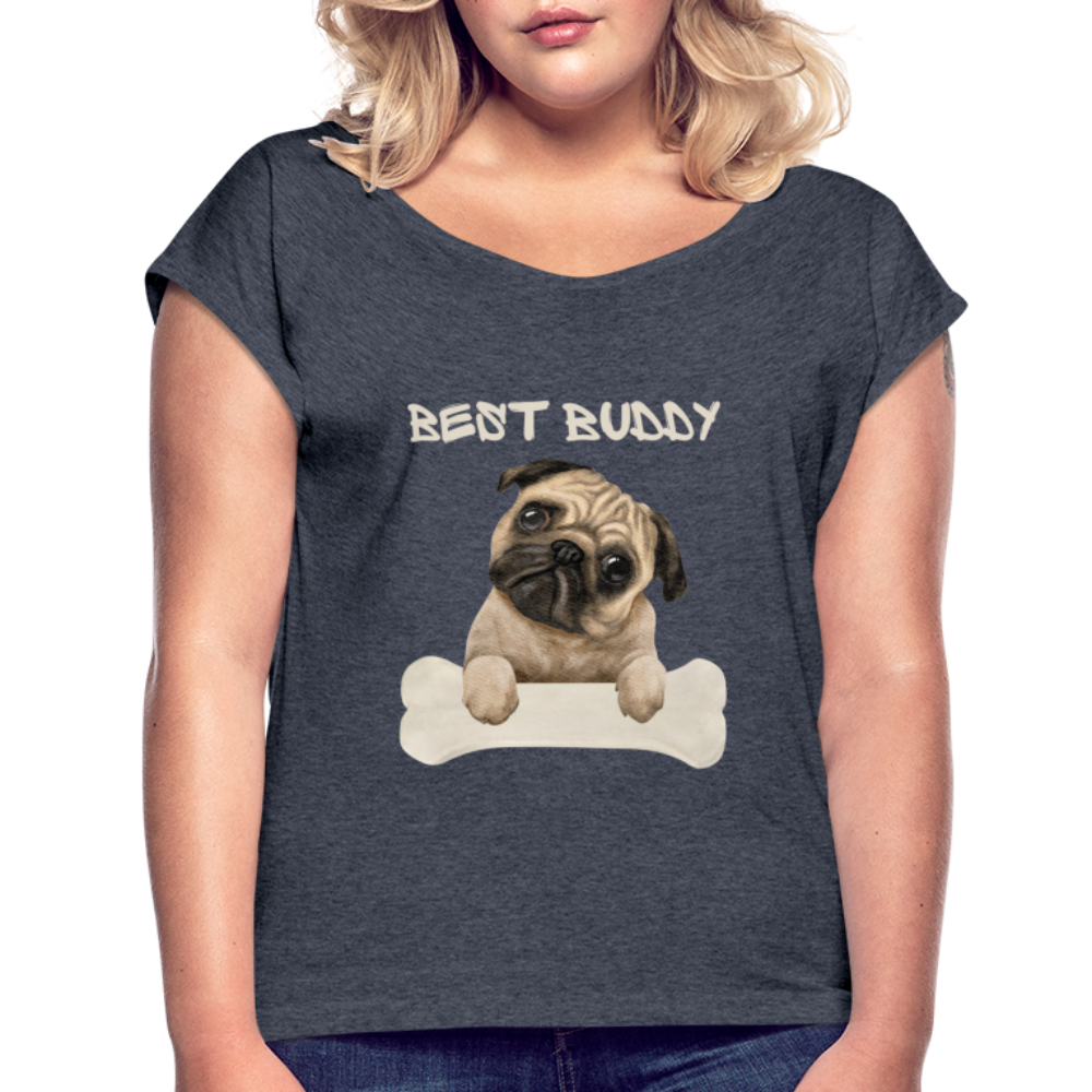 Frauen T-Shirt mit gerollten Ärmeln - Best Buddy - Navy meliert