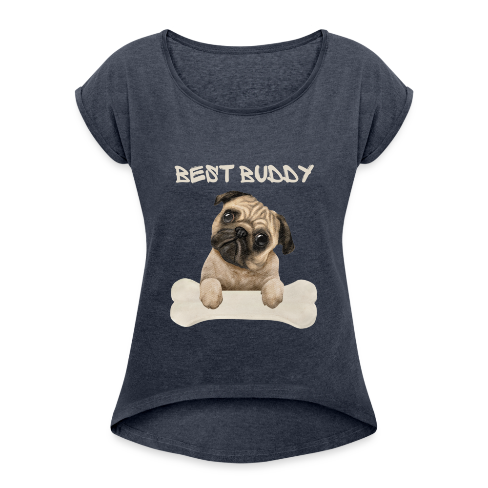 Frauen T-Shirt mit gerollten Ärmeln - Best Buddy - Navy meliert