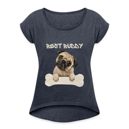 Frauen T-Shirt mit gerollten Ärmeln - Best Buddy - Navy meliert