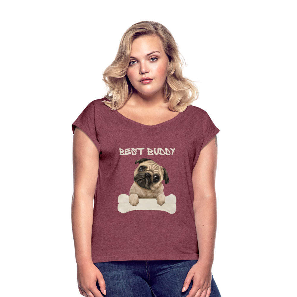 Frauen T-Shirt mit gerollten Ärmeln - Best Buddy - Bordeauxrot meliert