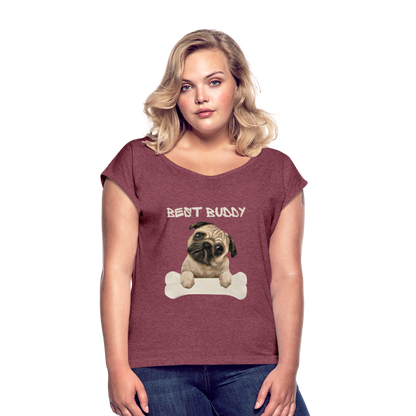 Frauen T-Shirt mit gerollten Ärmeln - Best Buddy - Bordeauxrot meliert