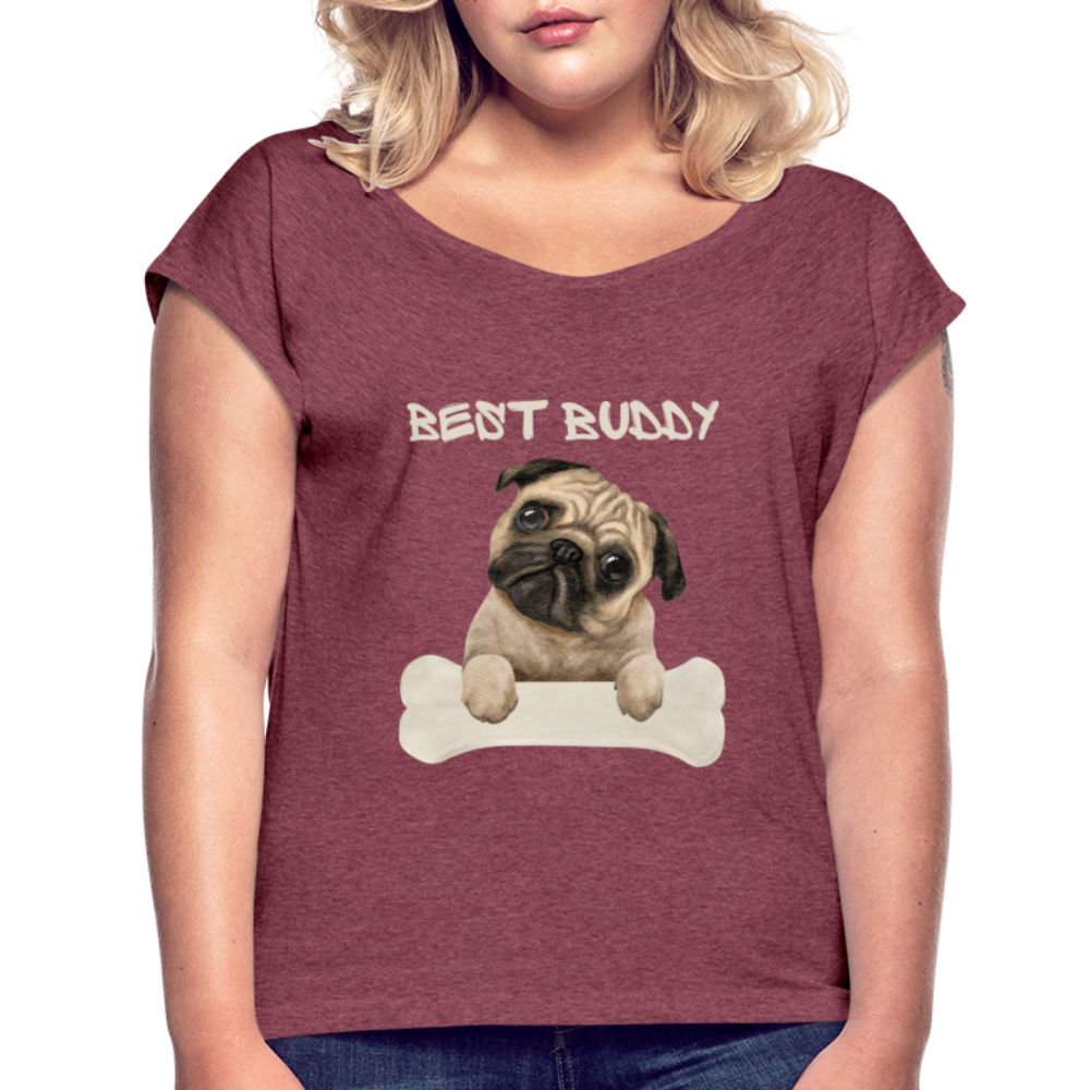 Frauen T-Shirt mit gerollten Ärmeln - Best Buddy - Bordeauxrot meliert