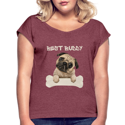 Frauen T-Shirt mit gerollten Ärmeln - Best Buddy - Bordeauxrot meliert