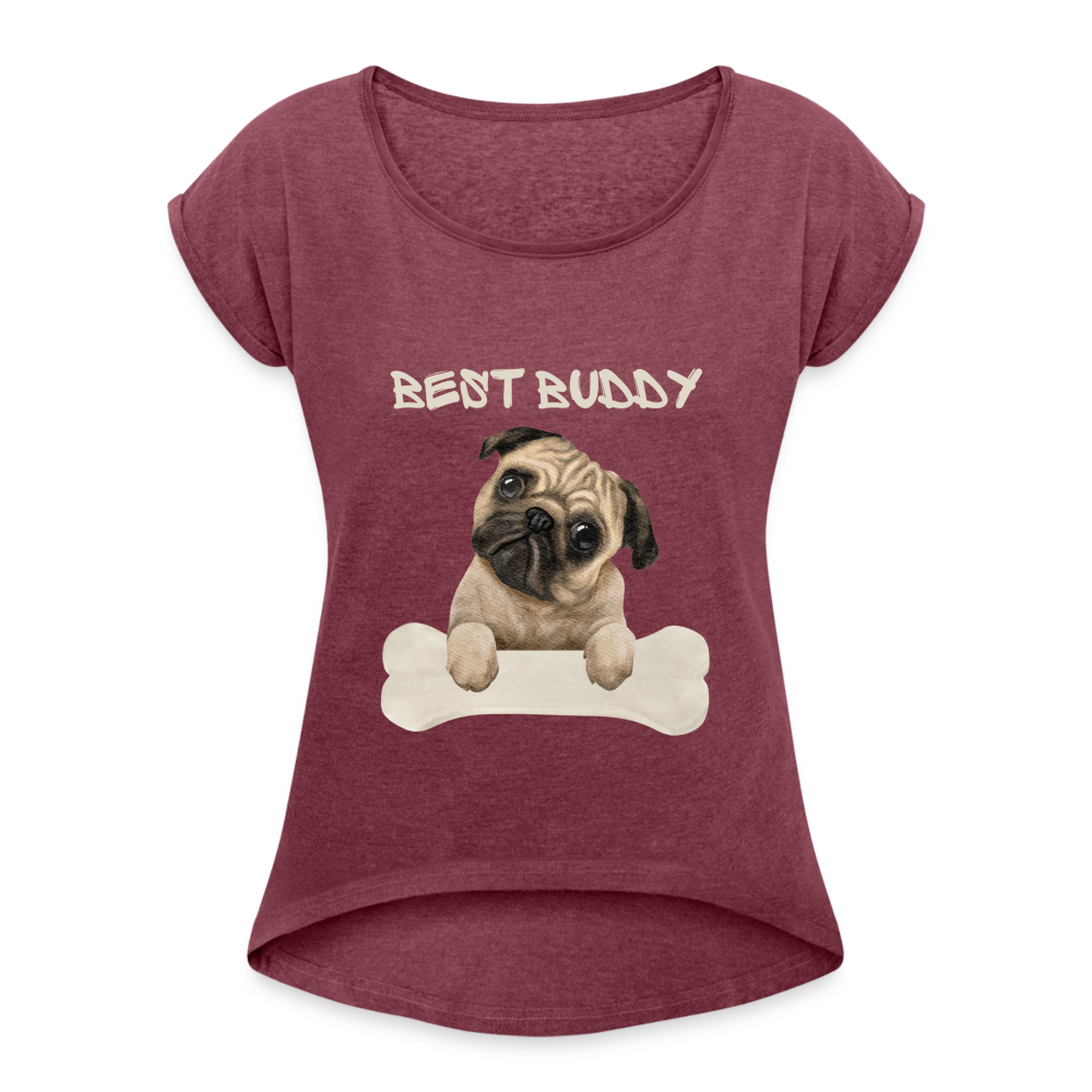 Frauen T-Shirt mit gerollten Ärmeln - Best Buddy - Bordeauxrot meliert