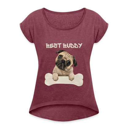 Frauen T-Shirt mit gerollten Ärmeln - Best Buddy - Bordeauxrot meliert