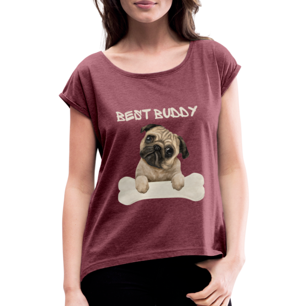 Frauen T-Shirt mit gerollten Ärmeln - Best Buddy - Bordeauxrot meliert