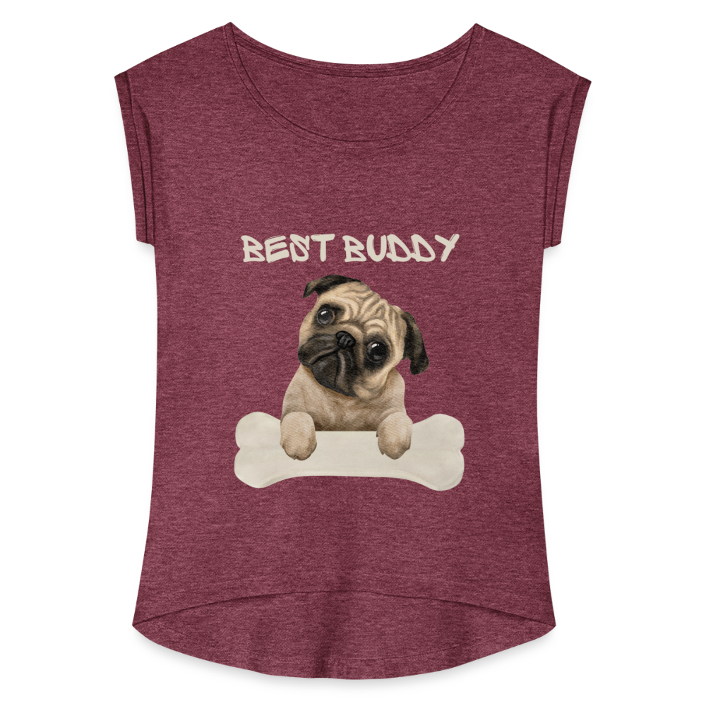 Frauen T-Shirt mit gerollten Ärmeln - Best Buddy - Bordeauxrot meliert