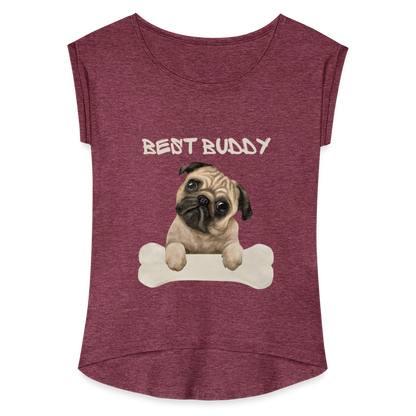 Frauen T-Shirt mit gerollten Ärmeln - Best Buddy - Bordeauxrot meliert