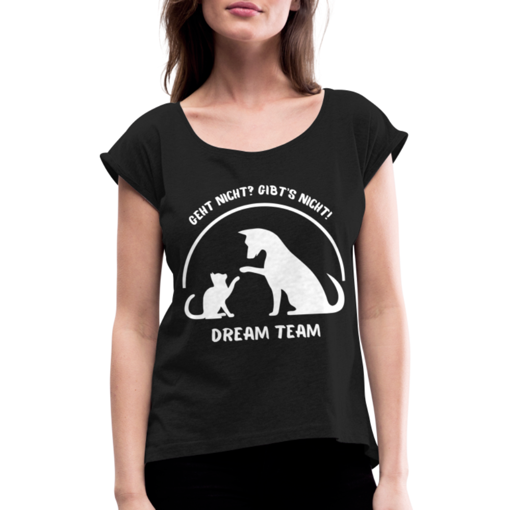 Frauen T-Shirt mit gerollten Ärmeln - Dream Team - Schwarz