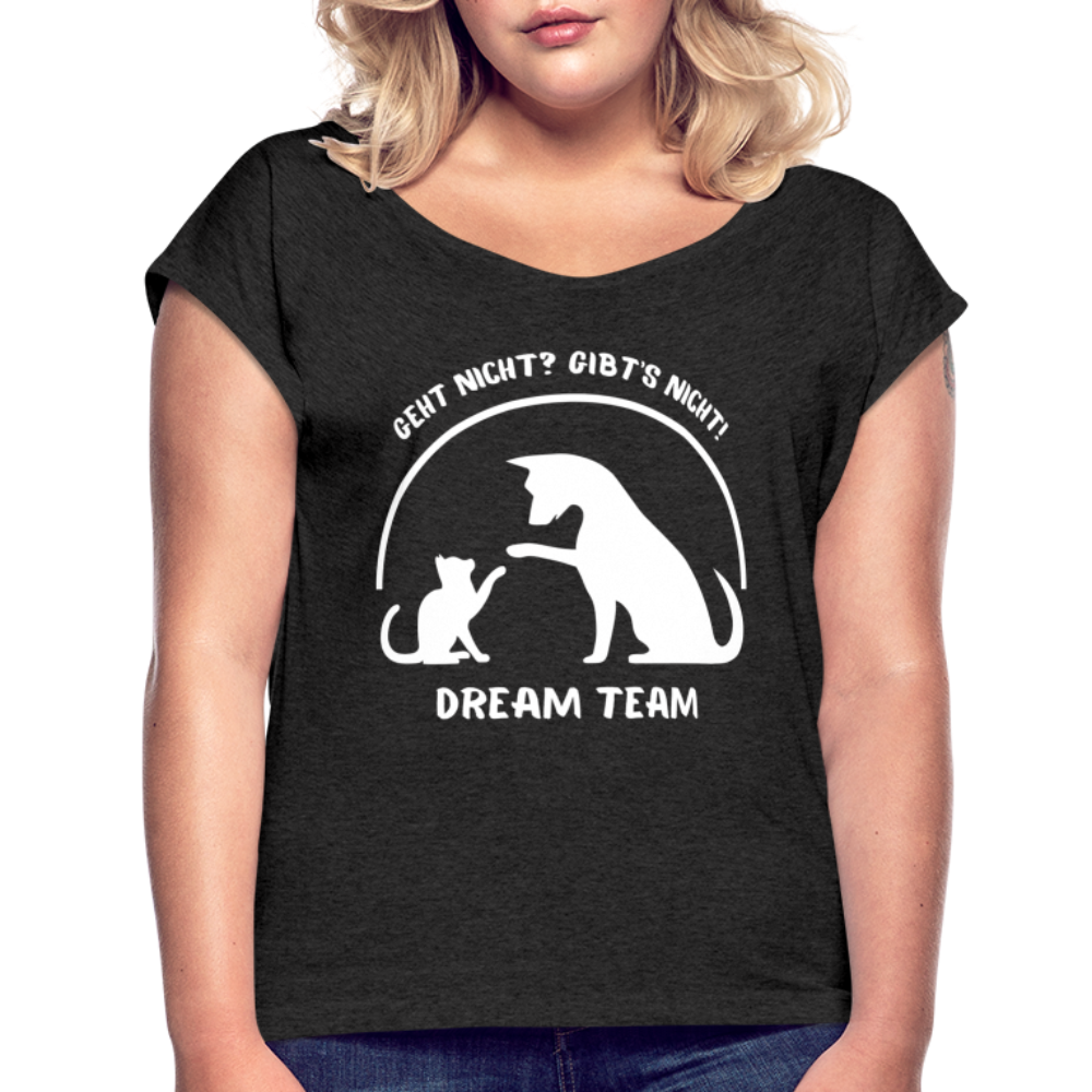 Frauen T-Shirt mit gerollten Ärmeln - Dream Team - Schwarz meliert