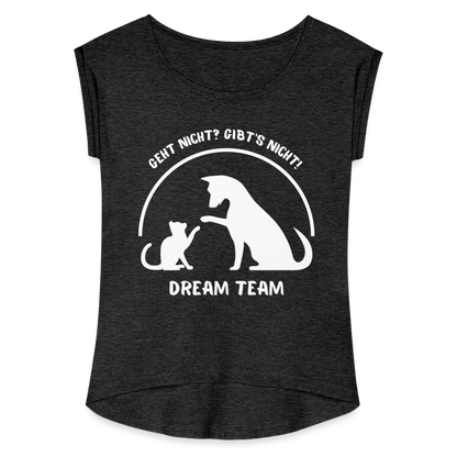 Frauen T-Shirt mit gerollten Ärmeln - Dream Team - Schwarz meliert