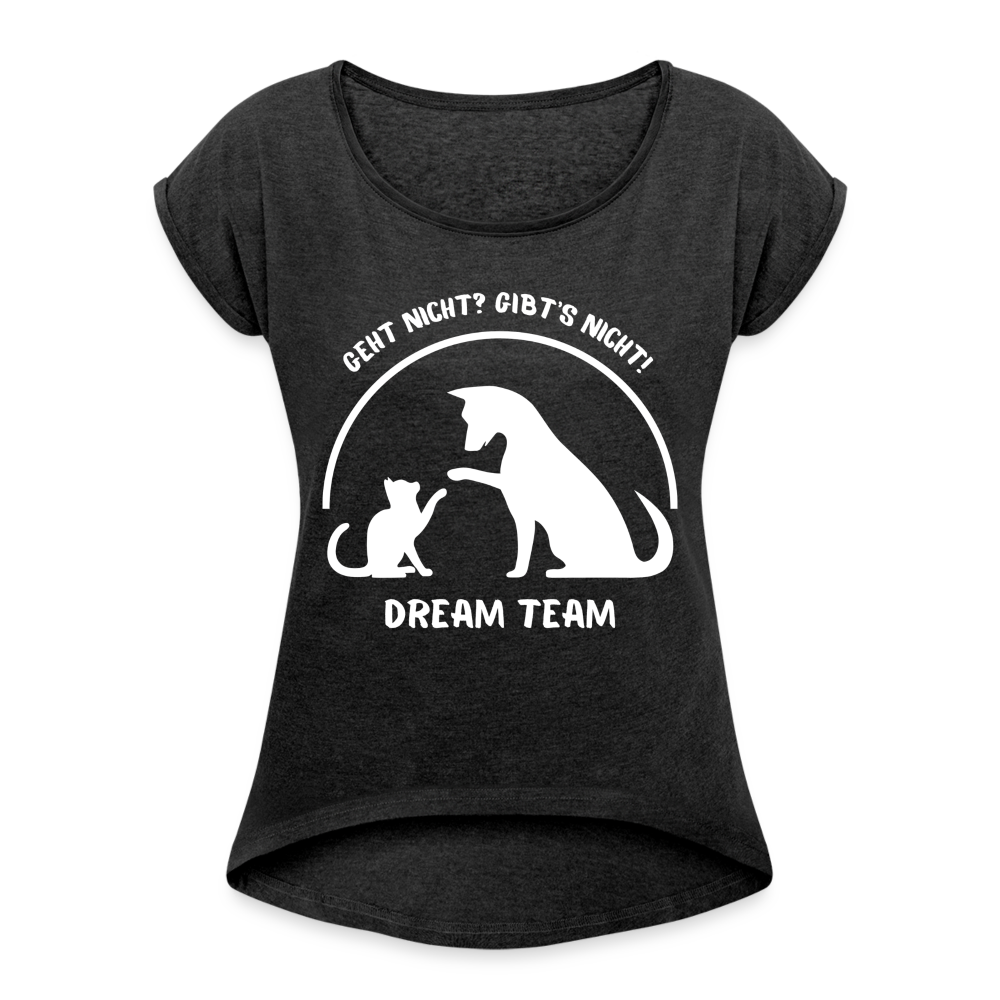 Frauen T-Shirt mit gerollten Ärmeln - Dream Team - Schwarz meliert