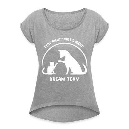 Frauen T-Shirt mit gerollten Ärmeln - Dream Team - Grau meliert