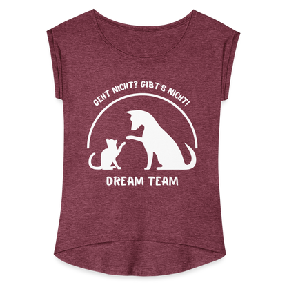 Frauen T-Shirt mit gerollten Ärmeln - Dream Team - Bordeauxrot meliert