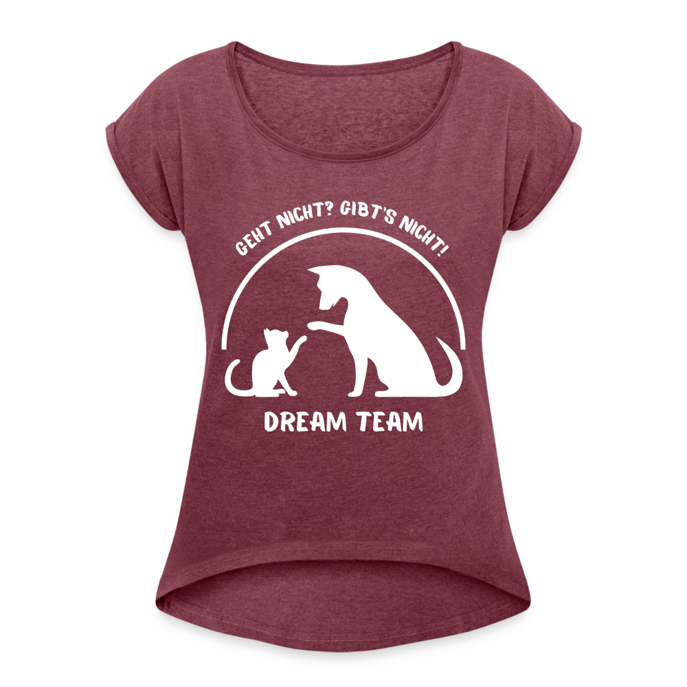 Frauen T-Shirt mit gerollten Ärmeln - Dream Team - Bordeauxrot meliert