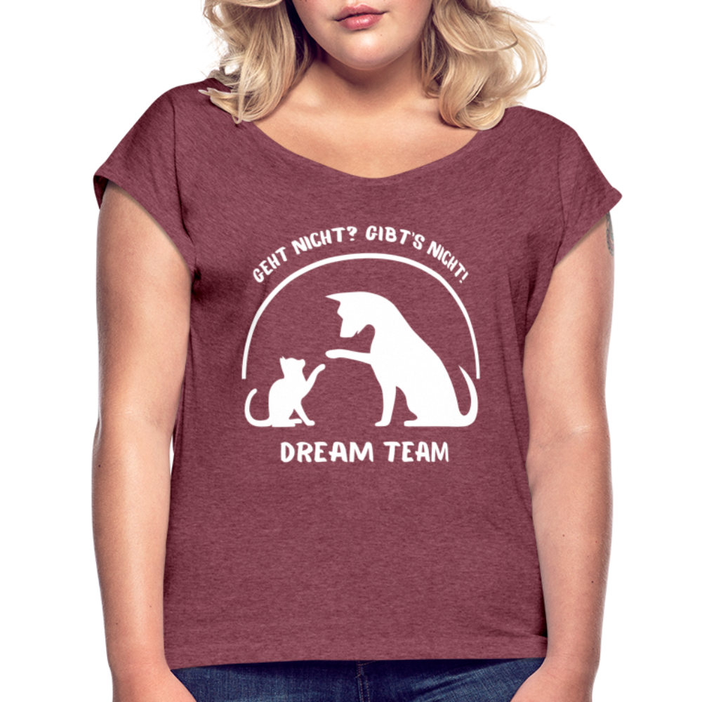 Frauen T-Shirt mit gerollten Ärmeln - Dream Team - Bordeauxrot meliert