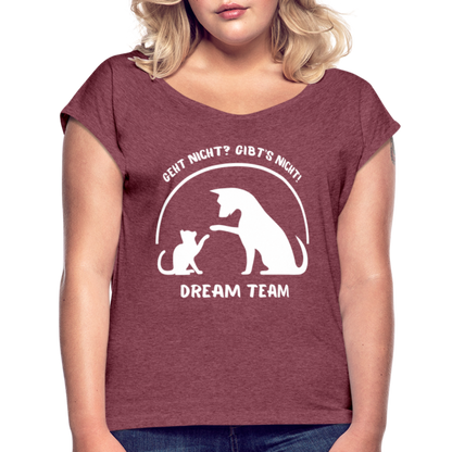 Frauen T-Shirt mit gerollten Ärmeln - Dream Team - Bordeauxrot meliert