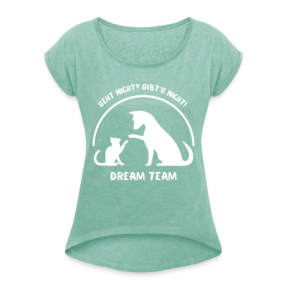 Frauen T-Shirt mit gerollten Ärmeln - Dream Team - Minze meliert