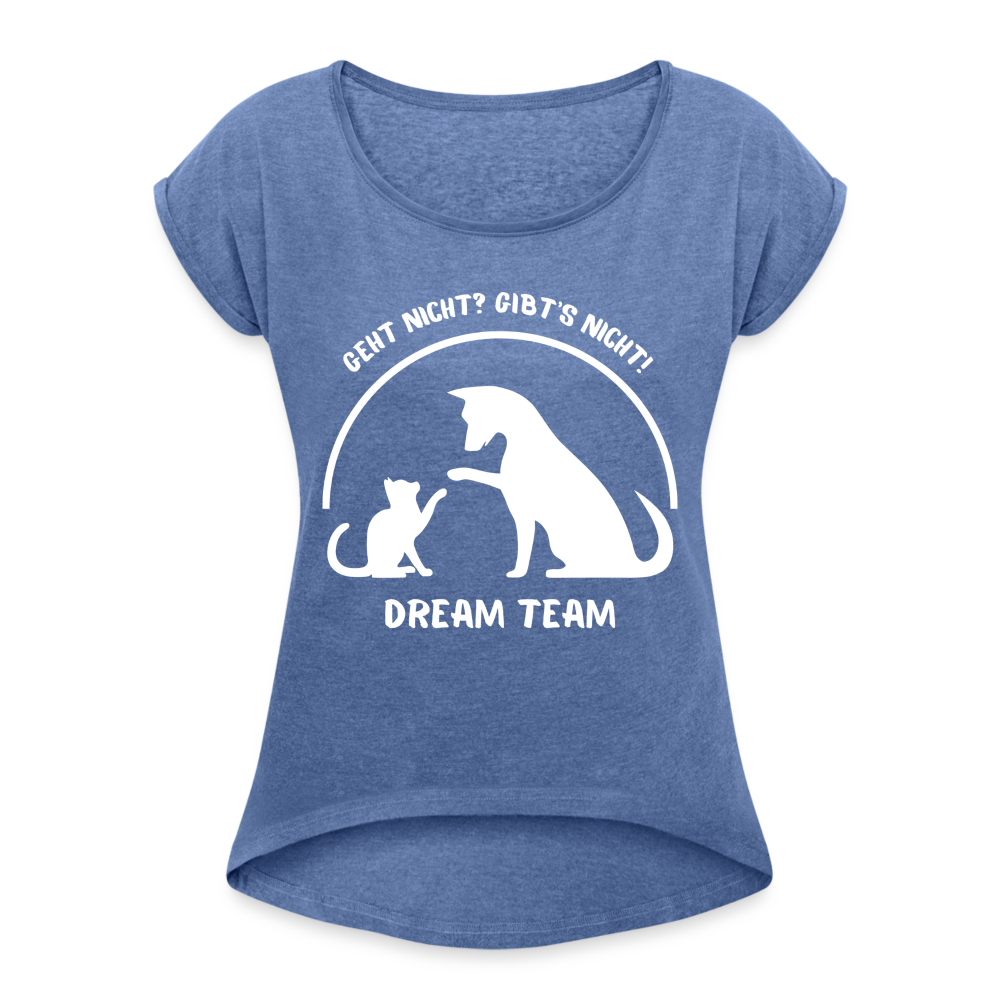 Frauen T-Shirt mit gerollten Ärmeln - Dream Team - Denim meliert