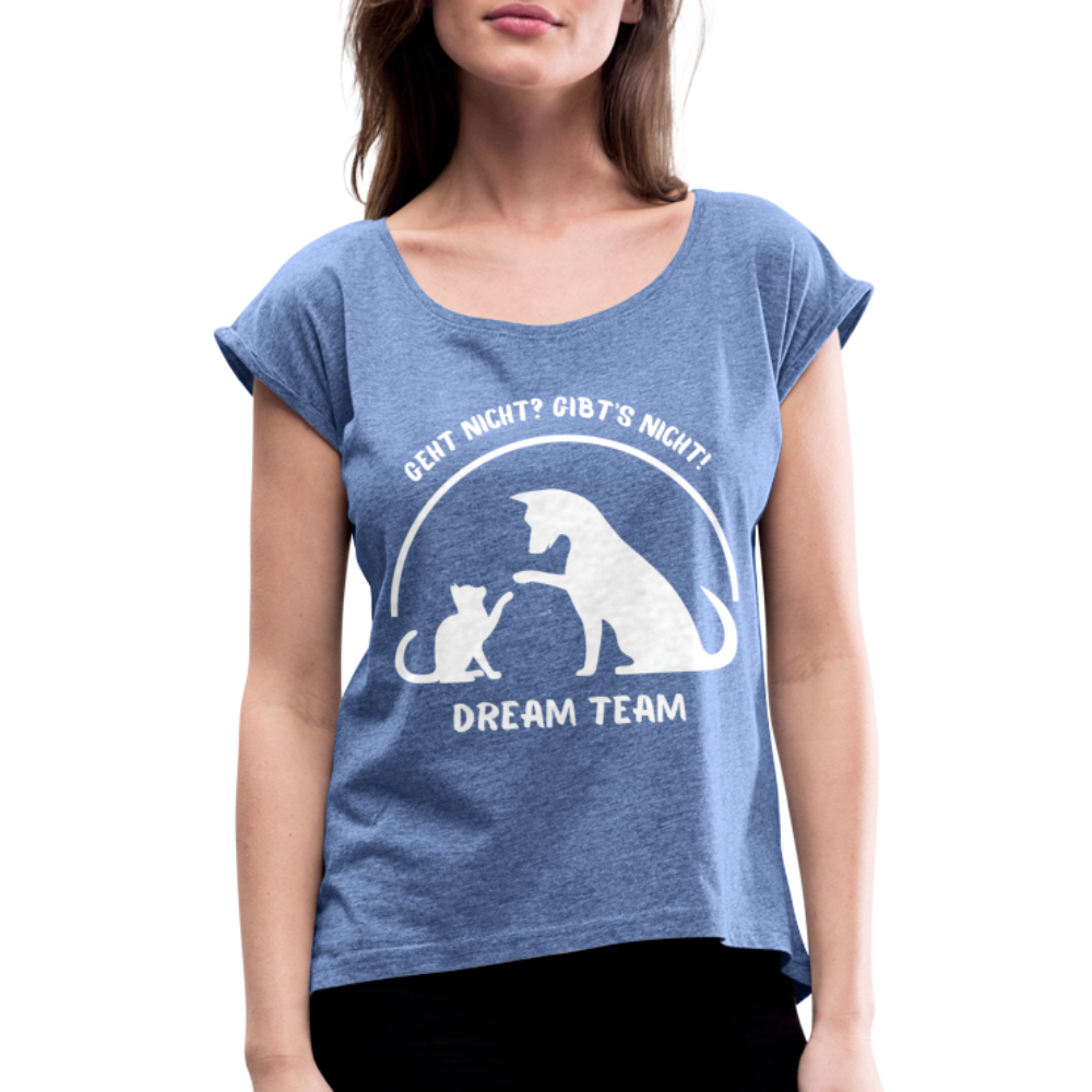 Frauen T-Shirt mit gerollten Ärmeln - Dream Team - Denim meliert