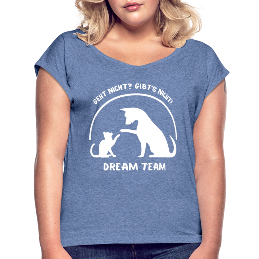 Frauen T-Shirt mit gerollten Ärmeln - Dream Team - Denim meliert