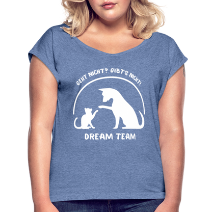 Frauen T-Shirt mit gerollten Ärmeln - Dream Team - Denim meliert