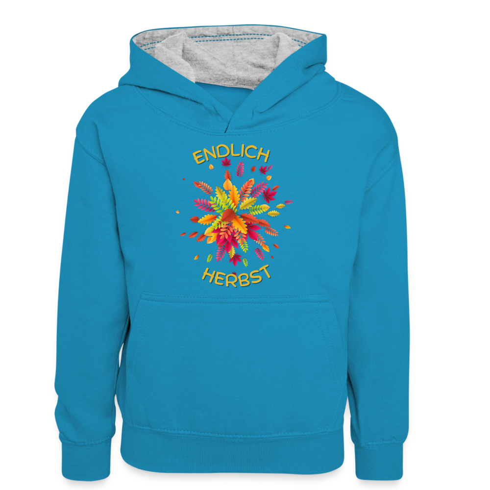 Teenager Kontrast-Hoodie - Endlich Herbst - Pfauenblau/Grau meliert