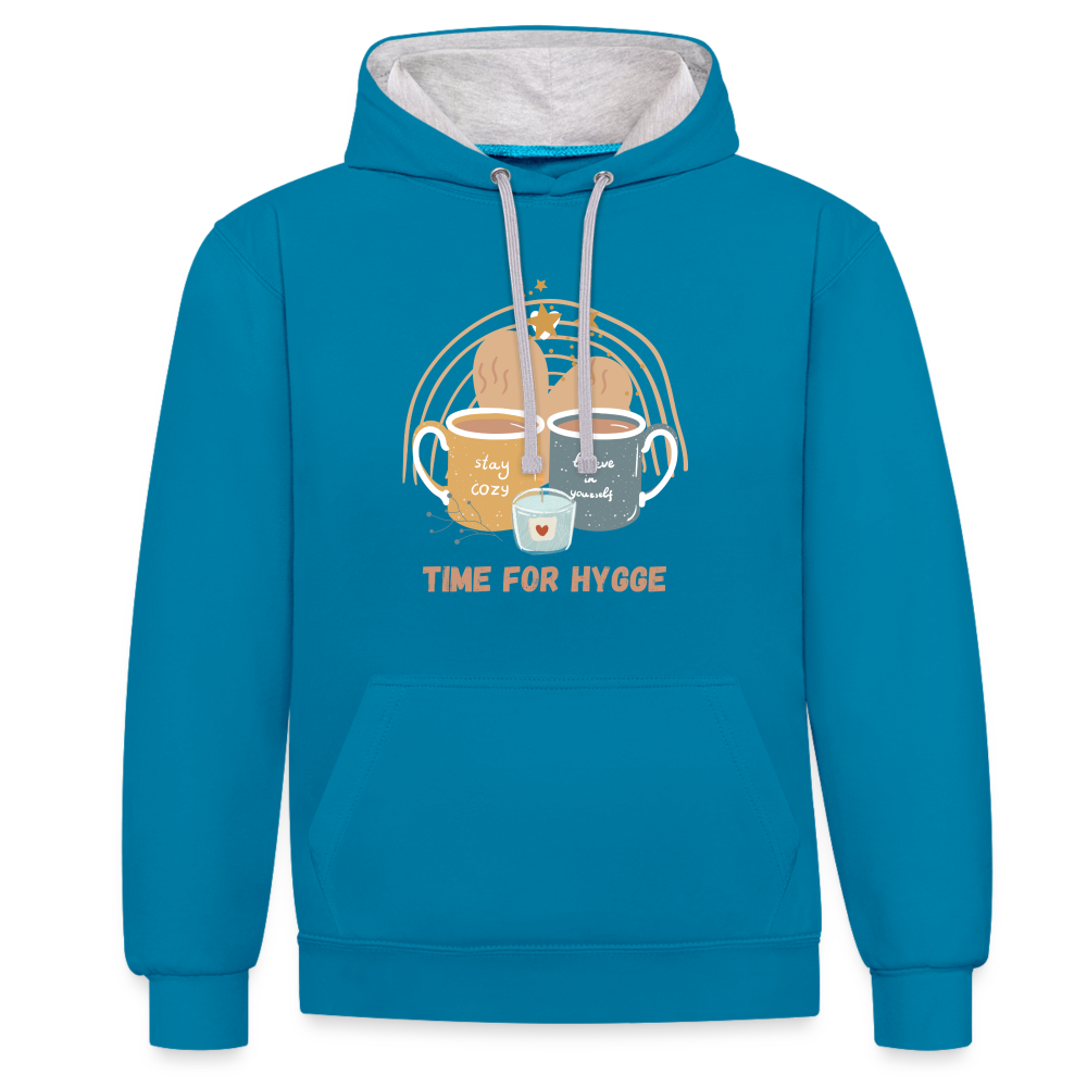 Kontrast-Hoodie  - Time for Hygge Cup - Pfauenblau/Grau meliert