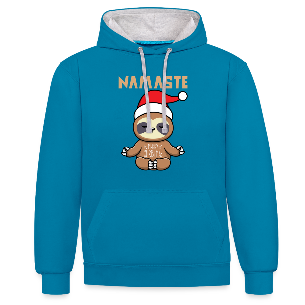 Kontrast-Hoodie - Christmas Yoga Faultier - Pfauenblau/Grau meliert