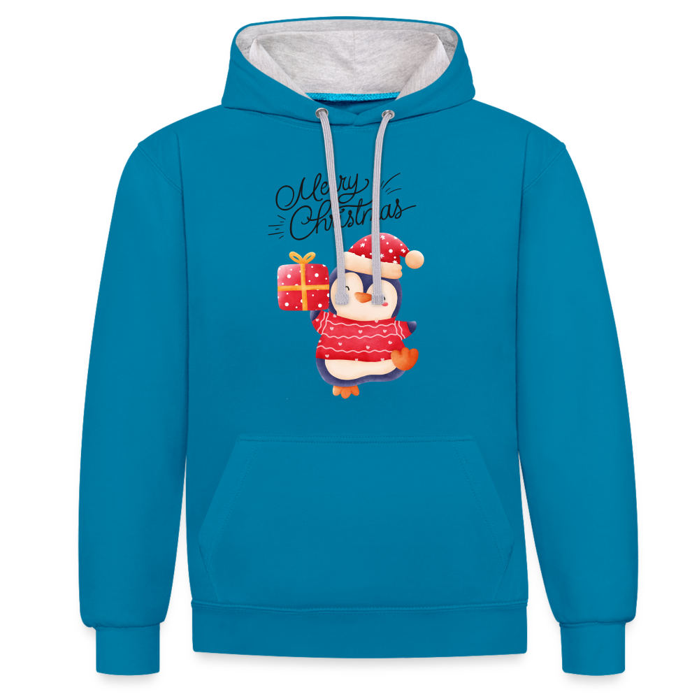 Kontrast-Hoodie - Merry Christmas Penguin - Pfauenblau/Grau meliert