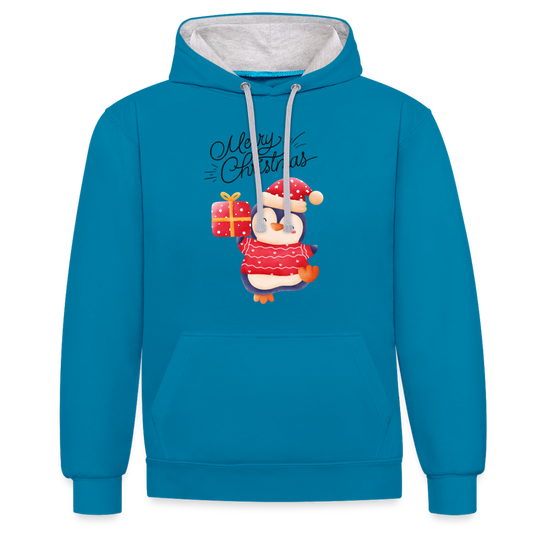 Kontrast-Hoodie - Merry Christmas Penguin - Pfauenblau/Grau meliert