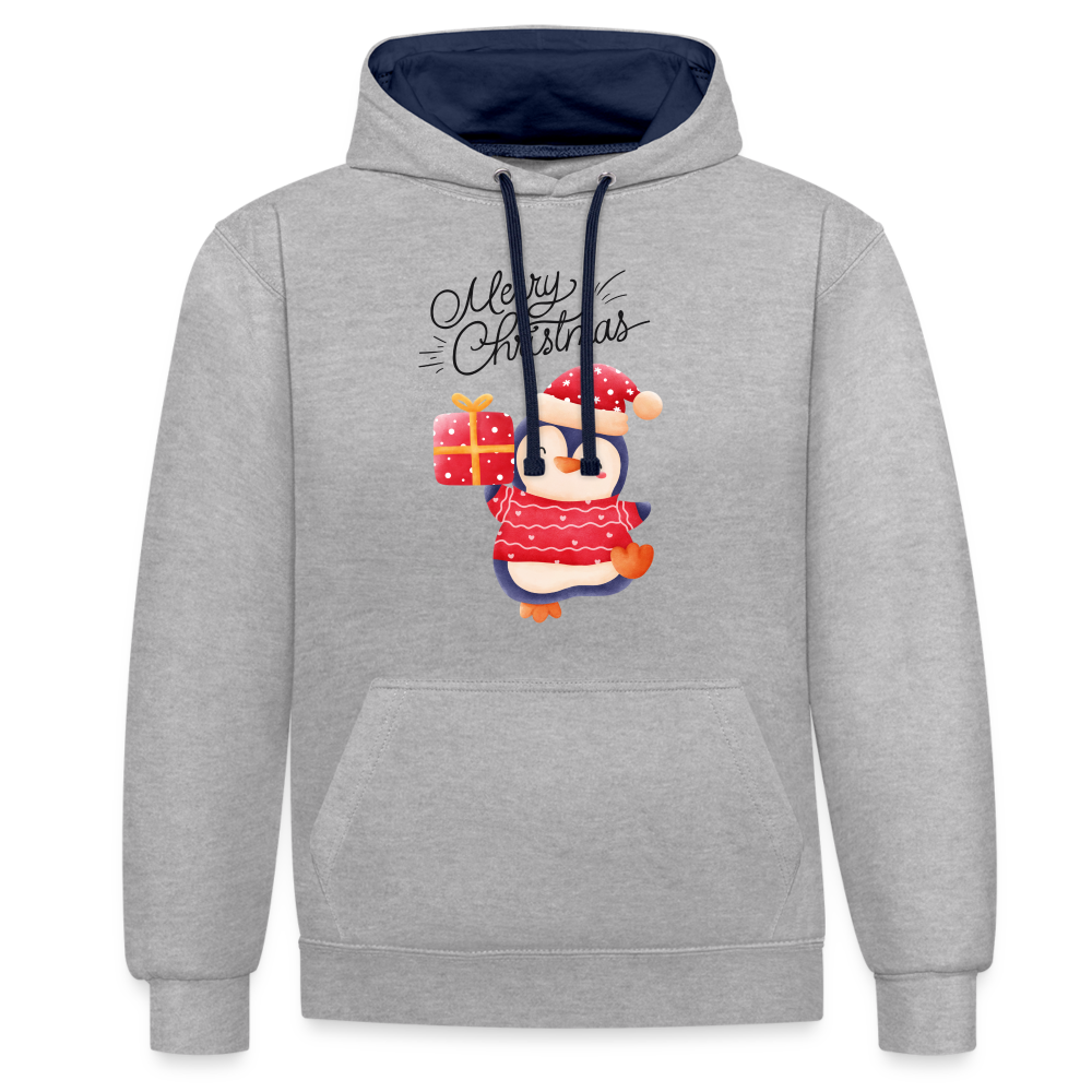 Kontrast-Hoodie - Merry Christmas Penguin - Grau meliert/Navy